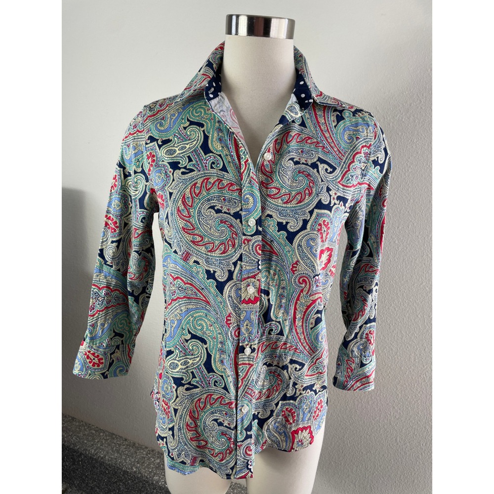 Chaps Womens Small No Iron‎ Paisley Button Up Shirt Navy Long Sleeve Blouse